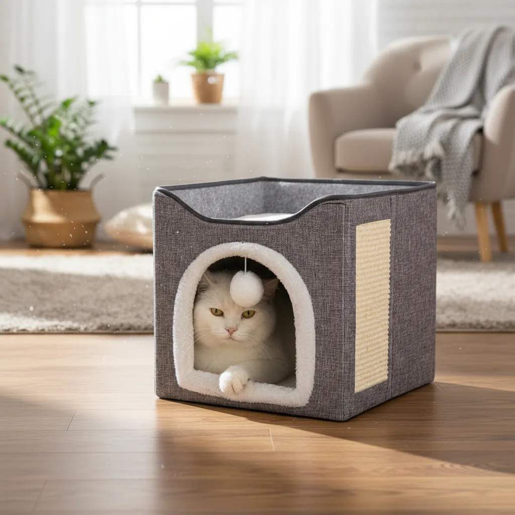 Casa Para Gato Desarmable Con Rascador Y Pompon