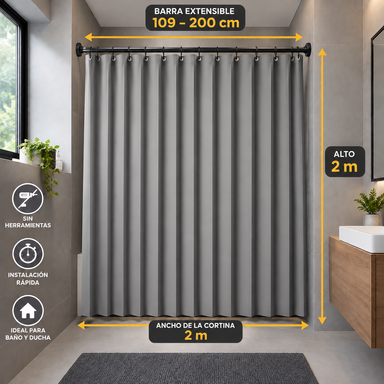 Cortina Baño Ducha Magnética 2mx2m C/barrote Y Argollas - Imagen 5